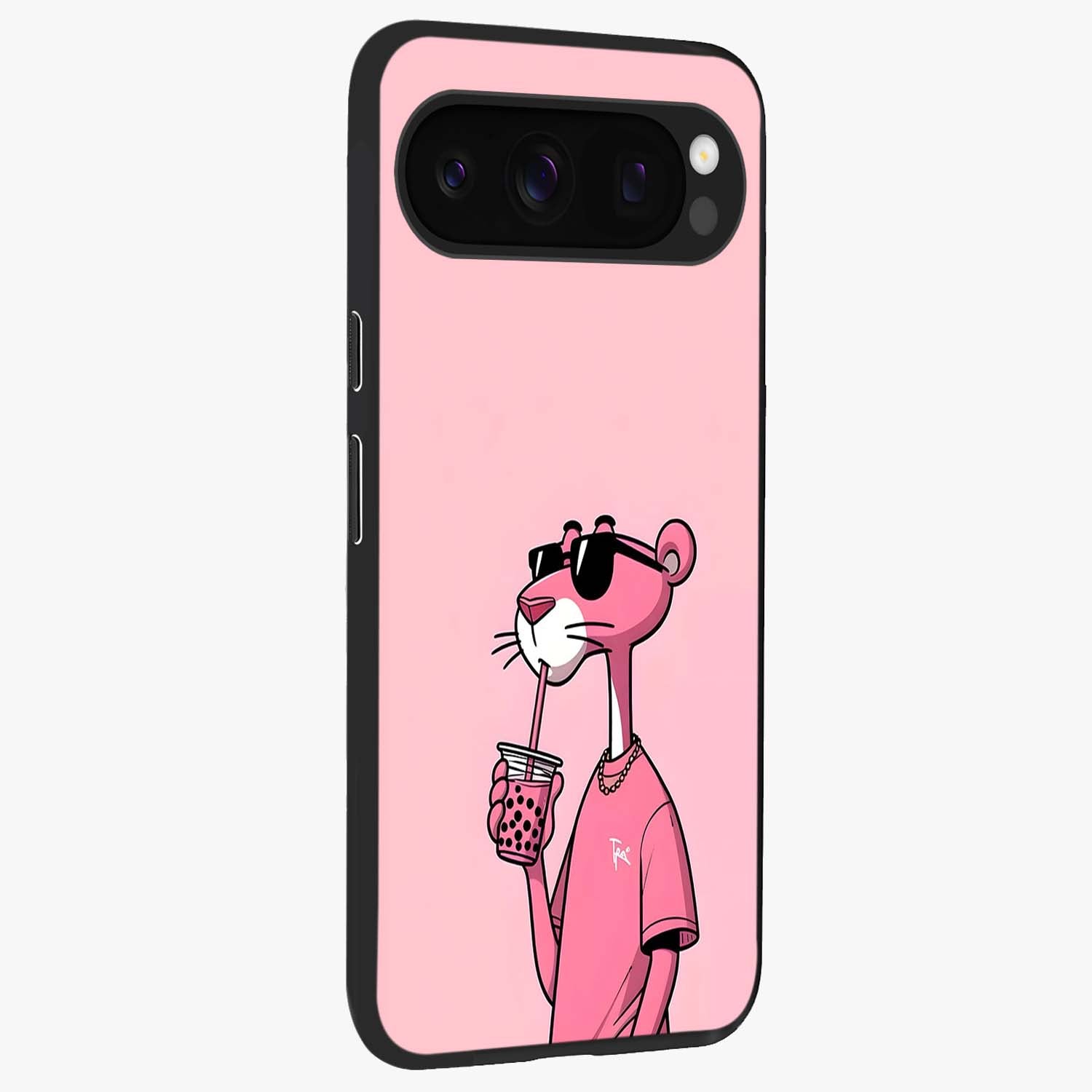 Pink Panther Glass Case upright view showcasing fun animated artwork with stylish retro cartoon theme.