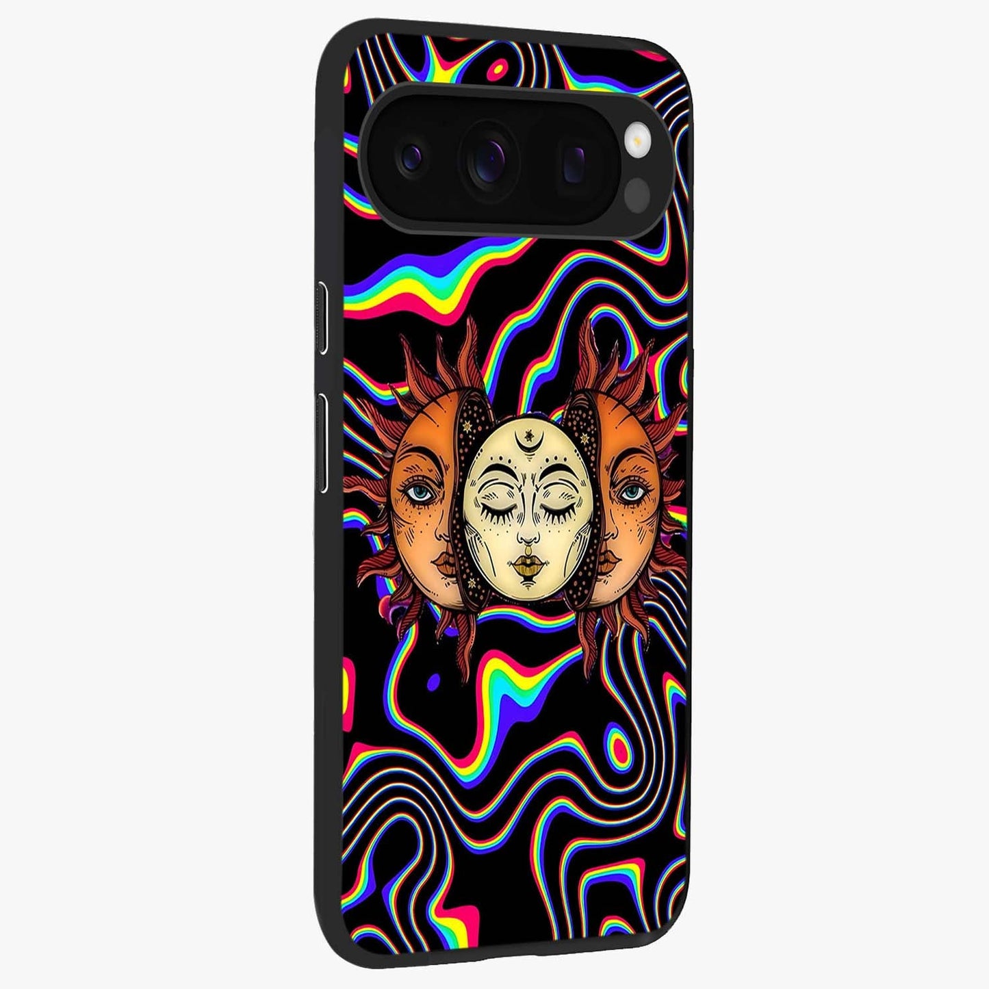 Psychedelic Sun Glass Case upright view showcasing trippy sun artwork with bold psychedelic theme.