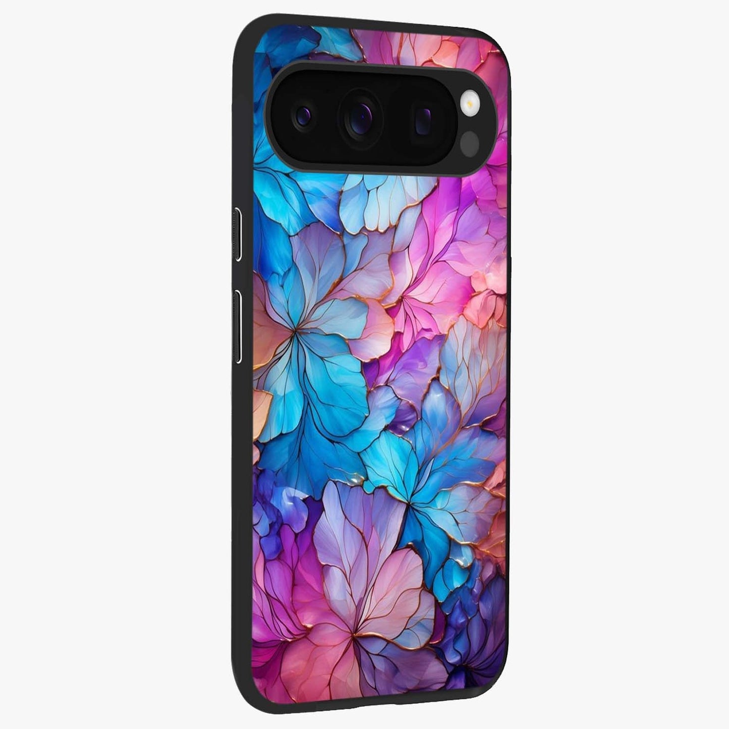 Radiant Floral Whirl Glass Case upright view showcasing lively floral artwork with decorative swirl theme.