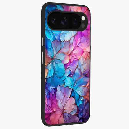 Radiant Floral Whirl Glass Case upright view showcasing lively floral artwork with decorative swirl theme.
