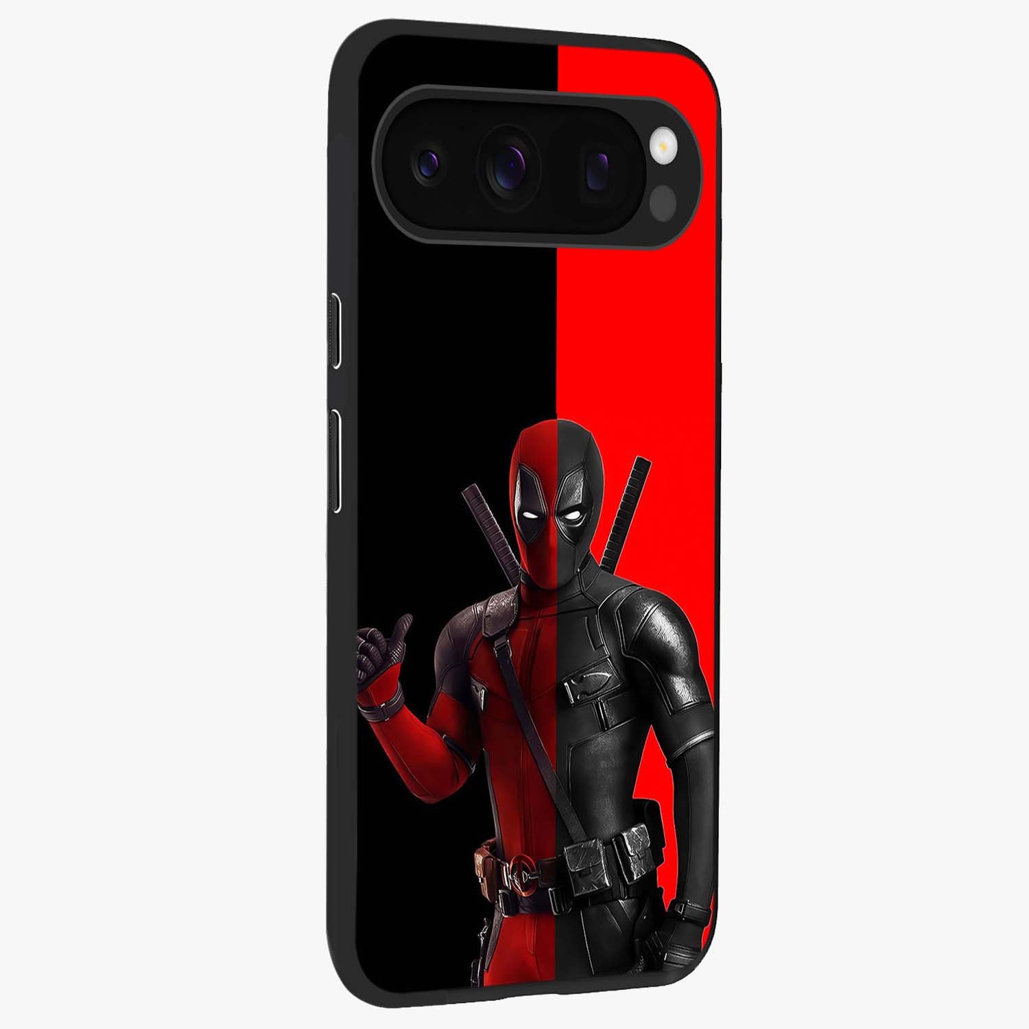 Red & Black Deadpool Theme Glass Case upright view showcasing energetic comic themed artwork with striking red and black design.