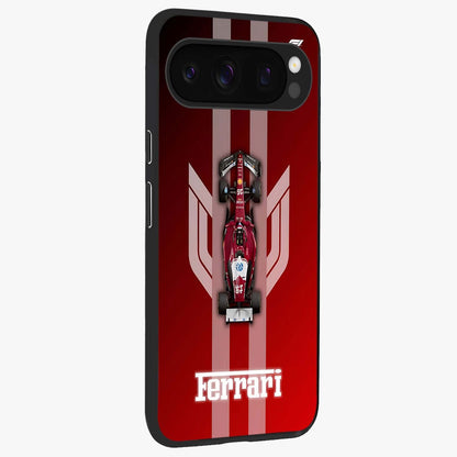 Red Ferrari F1 Vertical Glass Case upright view showcasing powerful Formula car artwork with dynamic motorsport theme.
