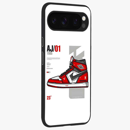 Retro Sneaker Blueprint Glass Case upright view showcasing stylish sneaker illustration with vintage streetwear theme.