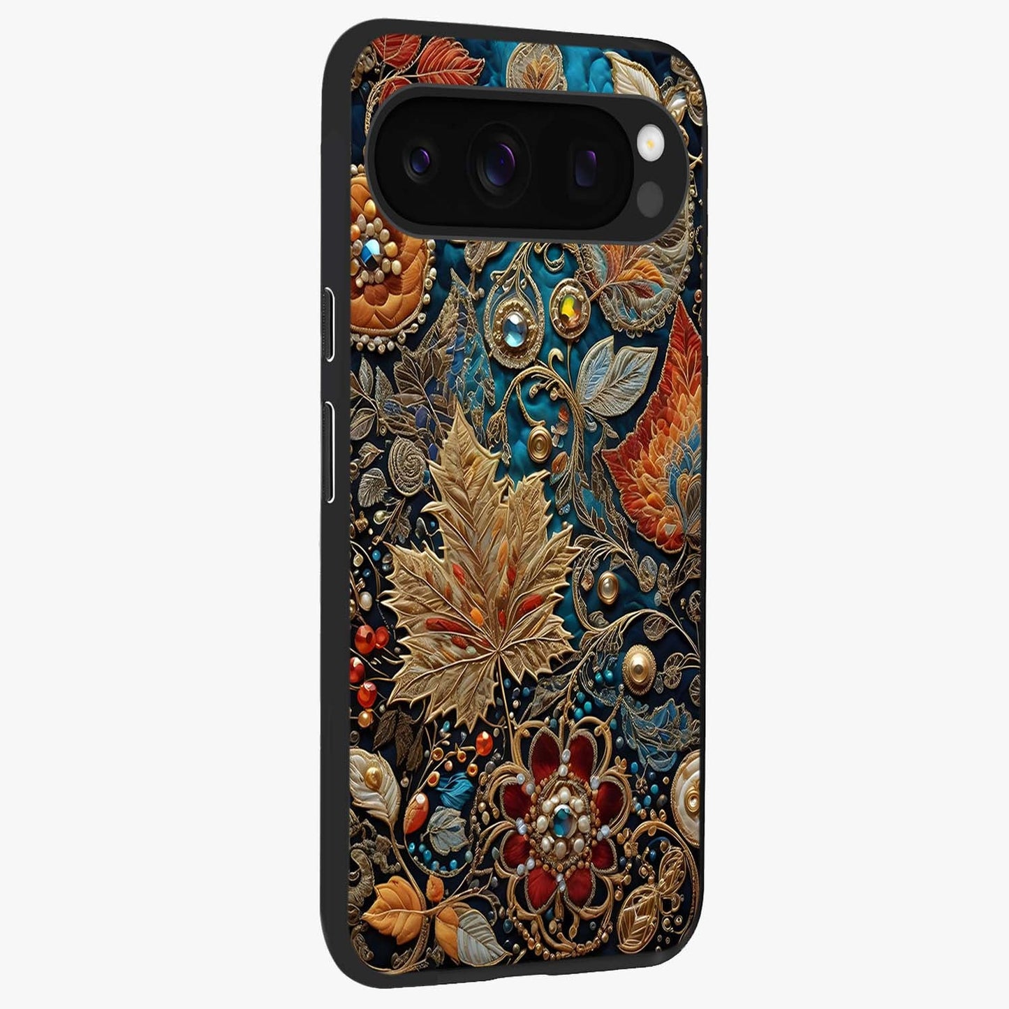 Royal Jewel Garden Glass Case upright view showcasing rich floral artwork with luxurious garden theme.