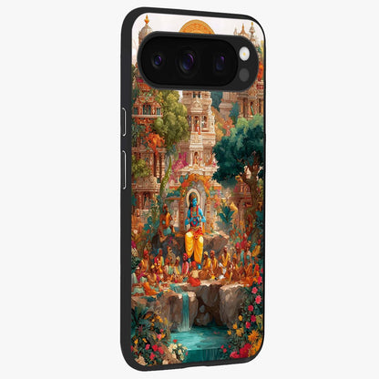 Sacred Sunlight Gods Glass Case upright view showcasing glowing divine artwork with sacred mythological theme.