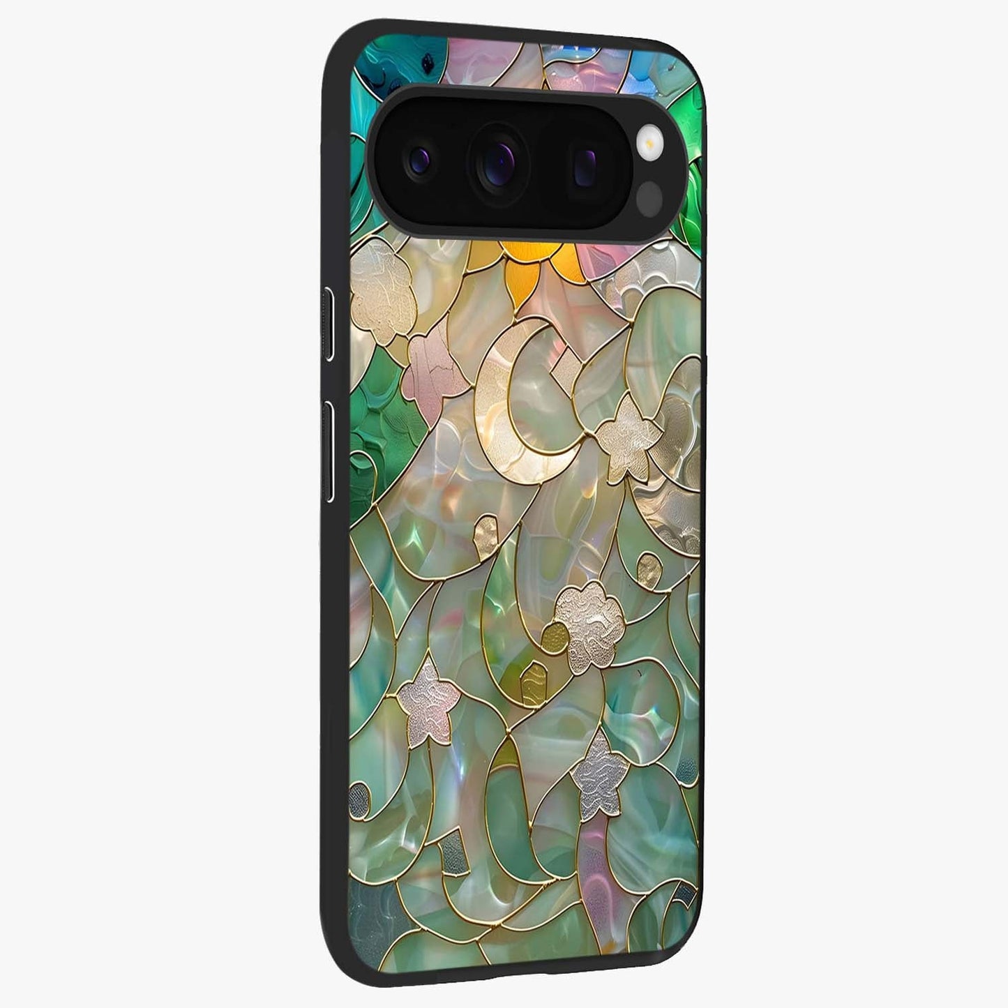 Stained Sunrise Glow Glass Case upright view showcasing colorful sunrise artwork with warm morning theme.