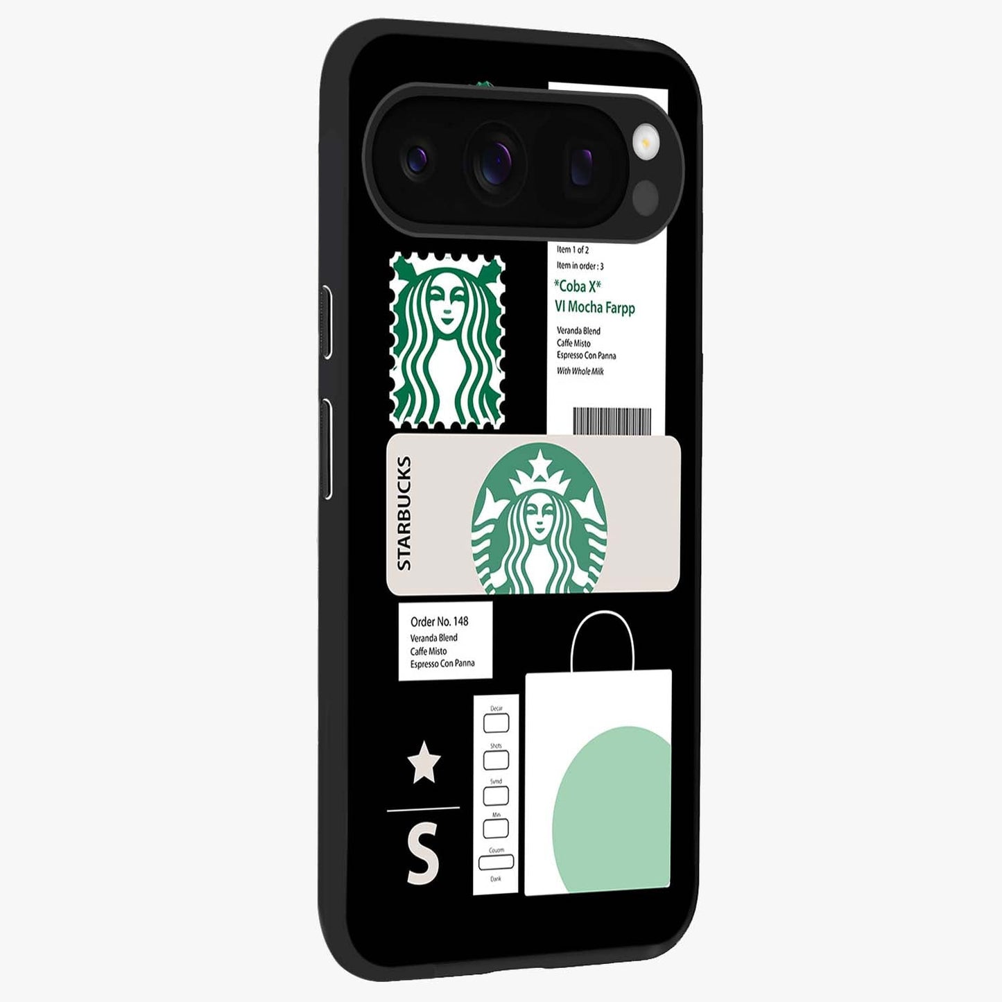 Starbucks Mocha Glass Case upright view showcasing trendy coffee inspired artwork with modern lifestyle theme.