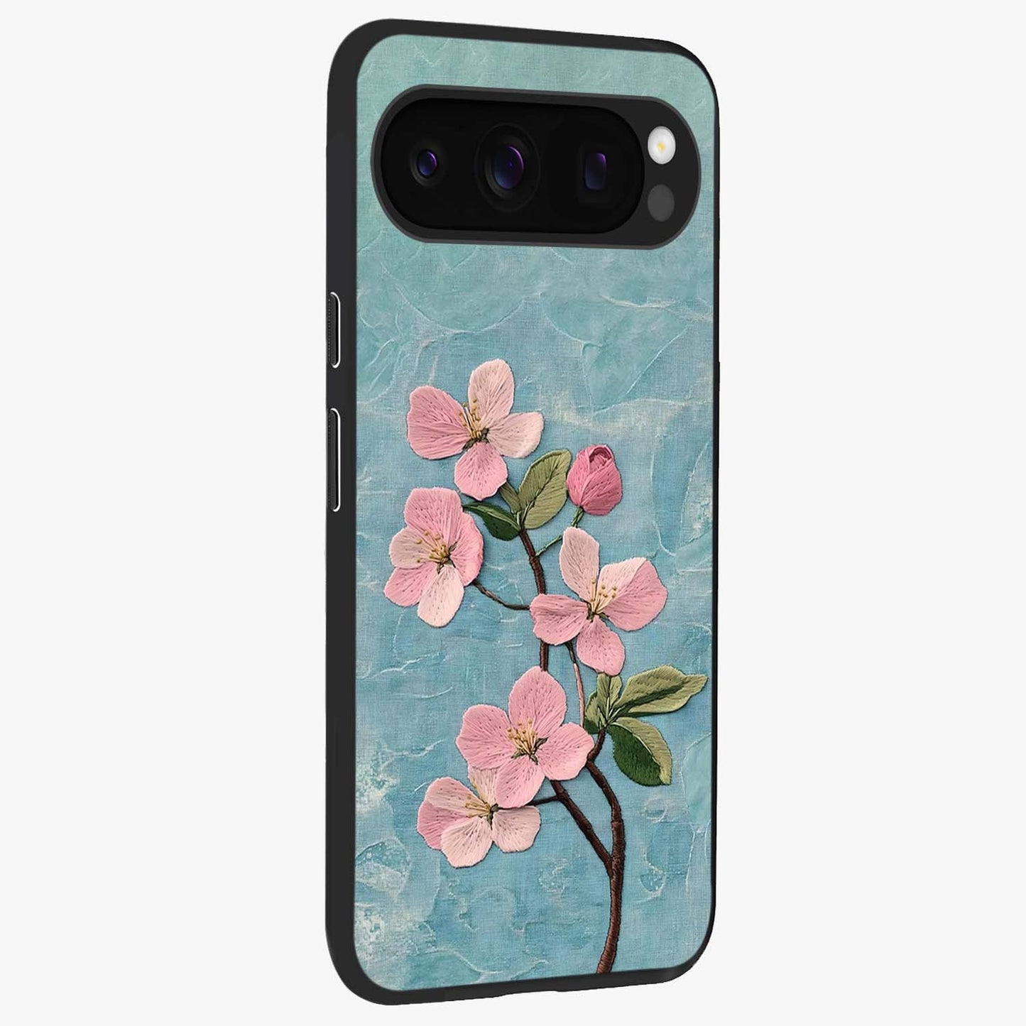 Threaded Blossom Breeze Glass Case upright view showcasing graceful flower artwork with calm botanical theme.