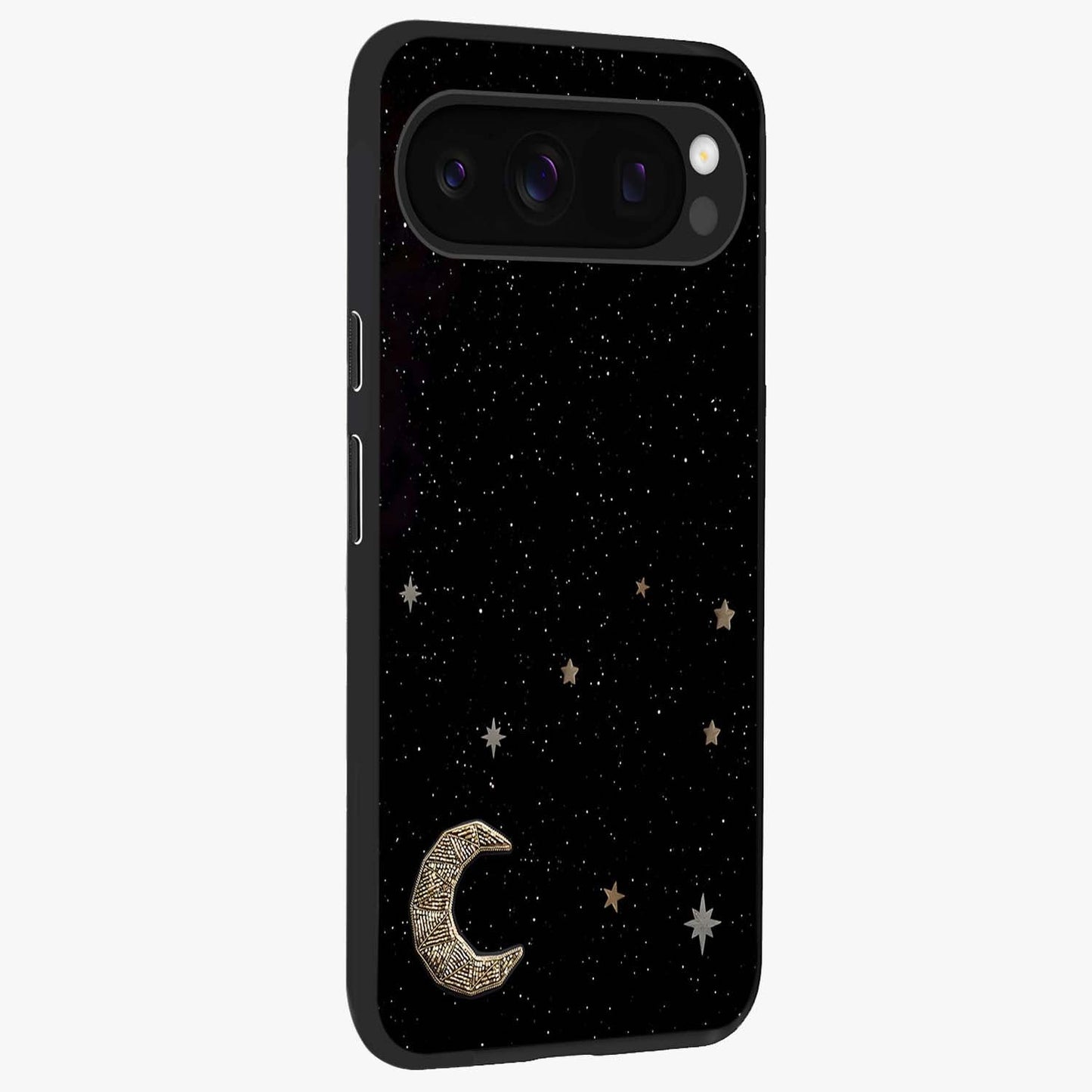 Twinkle Star With Half Moon Glass Case upright view showcasing glowing cosmic artwork with dreamy night theme.