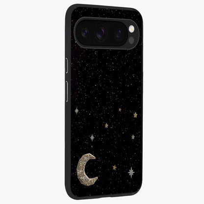 Twinkle Star With Half Moon Glass Case upright view showcasing glowing cosmic artwork with dreamy night theme.