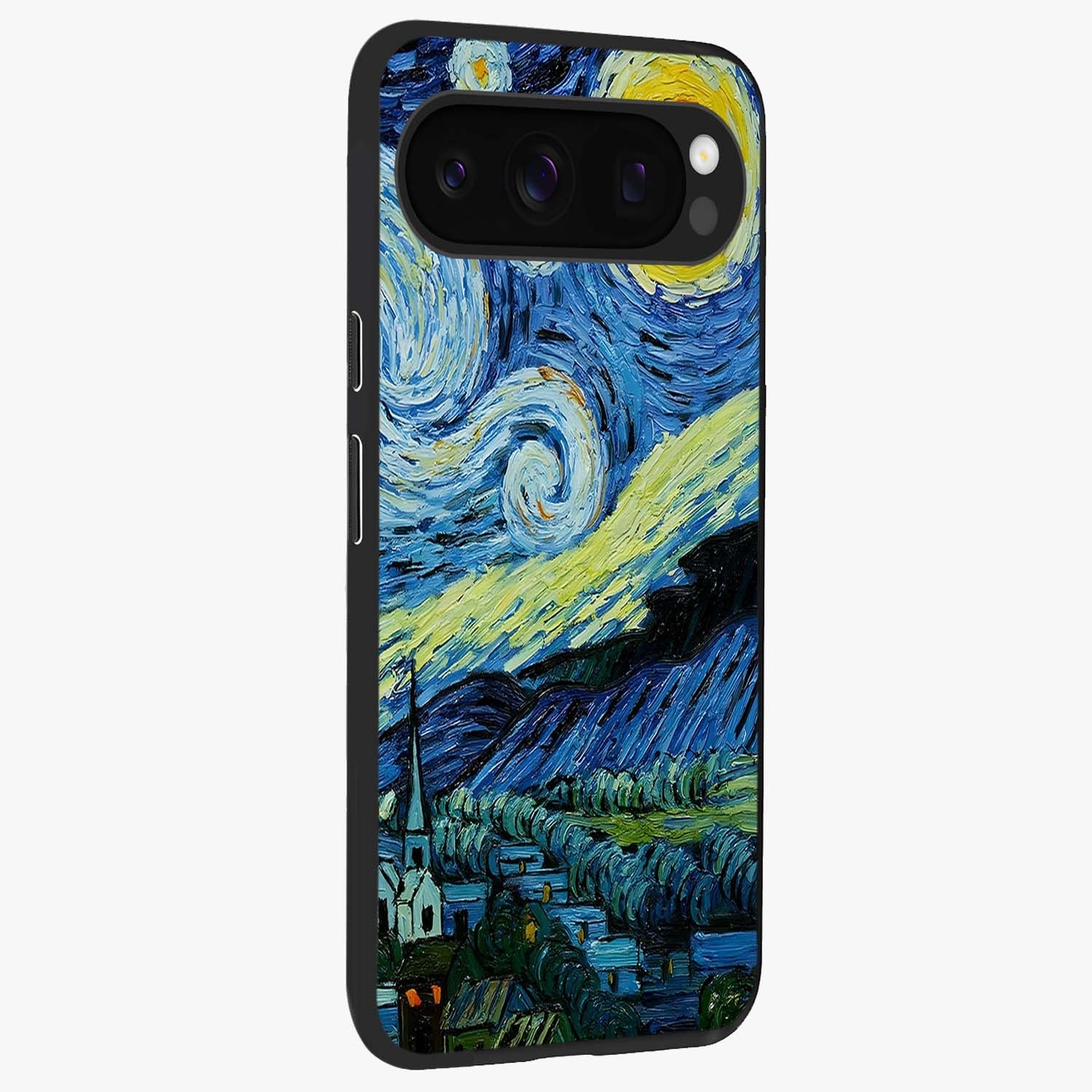 Van Gogh Art Glass Case upright view showcasing expressive painting style artwork with timeless artistic theme.
