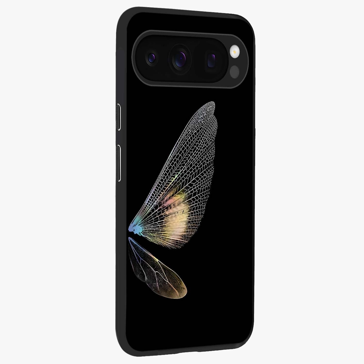 Whispers Of Wings Glass Case upright view showcasing elegant wing artwork with light airy theme.