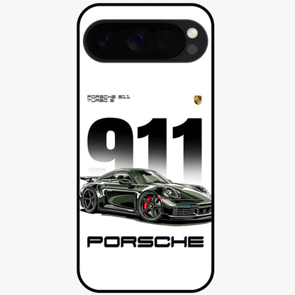 911 Turbo Dominance Glass Case showing clean flat back view with bold 911 sports car artwork and glossy glass finish.