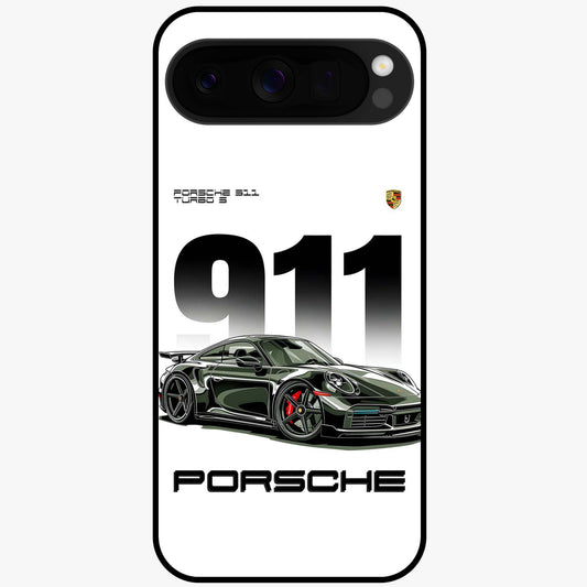 911 Turbo Dominance Glass Case showing clean flat back view with bold 911 sports car artwork and glossy glass finish.