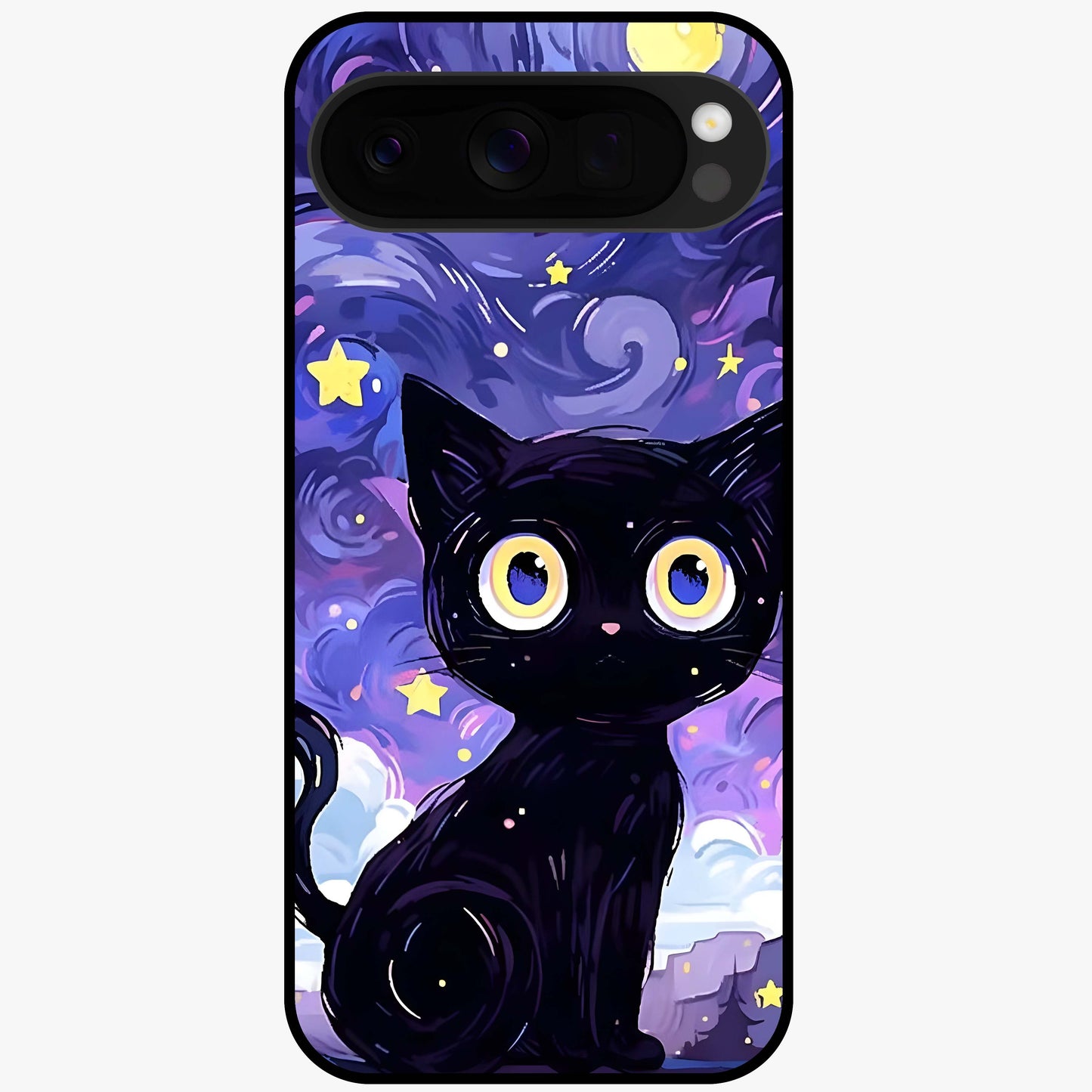 Abstract Cat Art Glass Case showing flat back view with artistic cat illustration and glossy glass finish.
