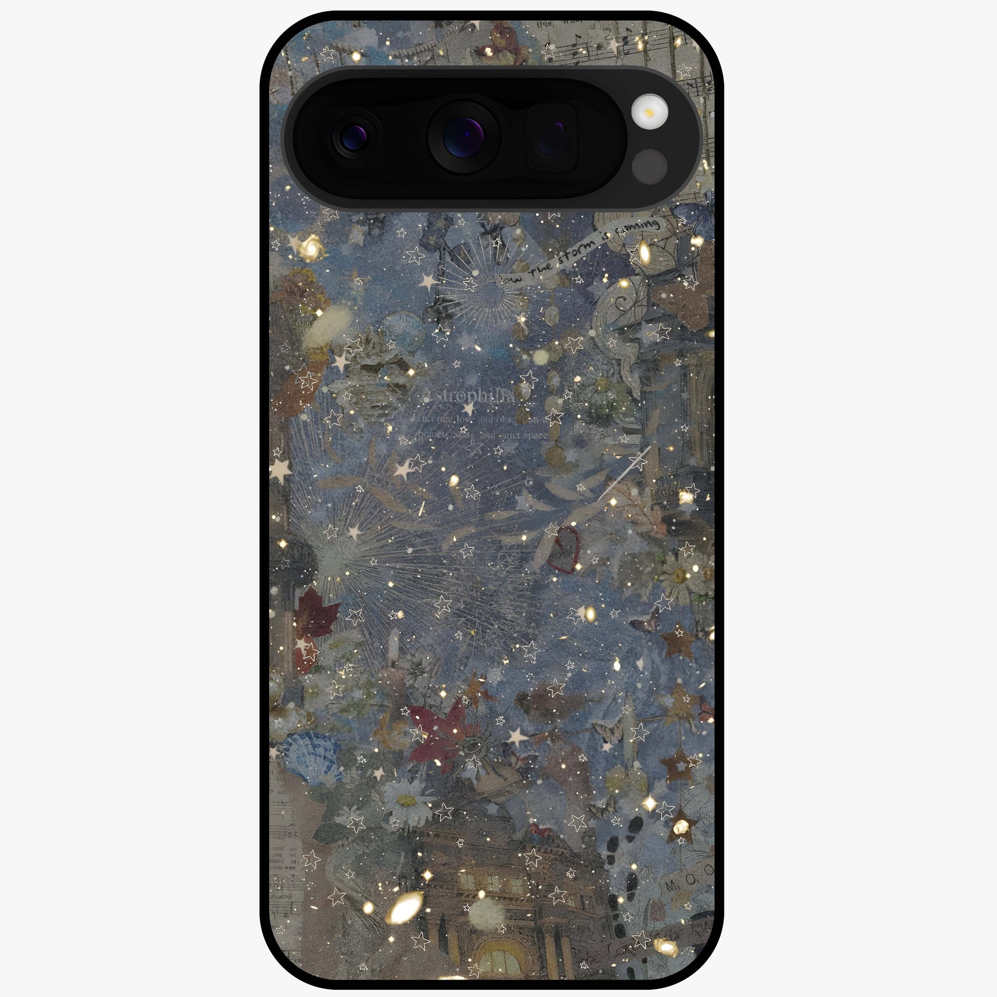 Aesthetic Astrolophia Glass Case showing flat back view with dreamy aesthetic design and glossy glass finish.