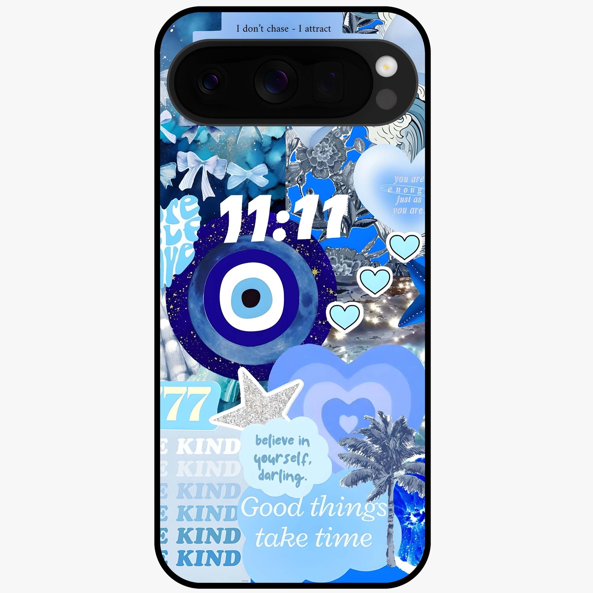 Aesthetic Be Kind Eye Glass Case showing flat back view with motivational eye artwork and glossy glass finish.