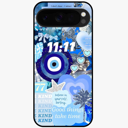 Aesthetic Be Kind Eye Glass Case showing flat back view with motivational eye artwork and glossy glass finish.