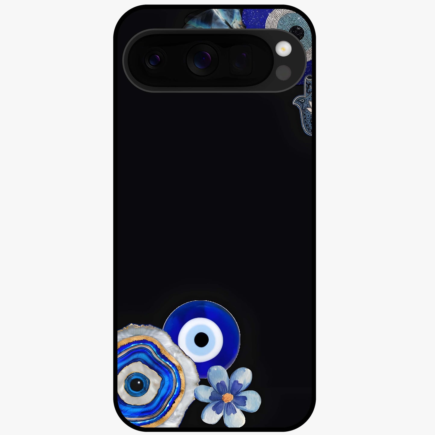 Aesthetic Blue Evil Eye Glass Case showing flat back view with protective evil eye artwork and glossy glass finish.