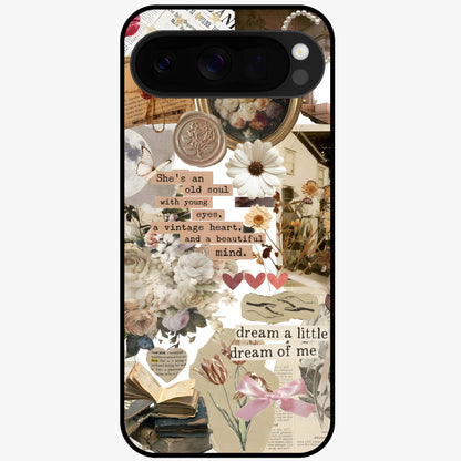 Aesthetic Brown Vintage Collage Glass Case showing flat back view with retro collage artwork and glossy glass finish.