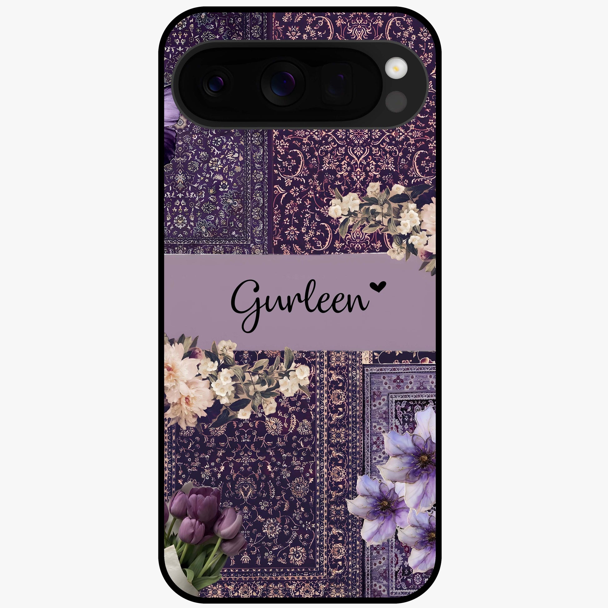 Antique Floral Whisper Custom Name Glass Case showing flat back view with vintage floral artwork and personalized name design.