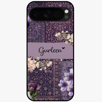 Antique Floral Whisper Custom Name Glass Case showing flat back view with vintage floral artwork and personalized name design.