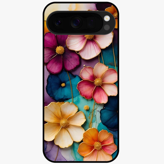 Artlyn Grace Flower Pattern Glass Case showing flat back view with elegant floral pattern artwork and glossy glass finish.