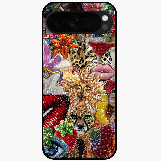 Beaded Fashion Jungle Glass Case showing flat back view with vibrant jungle inspired bead artwork and glossy glass finish.