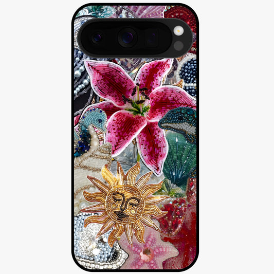 Beaded Garden Fantasy Glass Case showing flat back view with dreamy garden bead artwork and glossy glass finish.