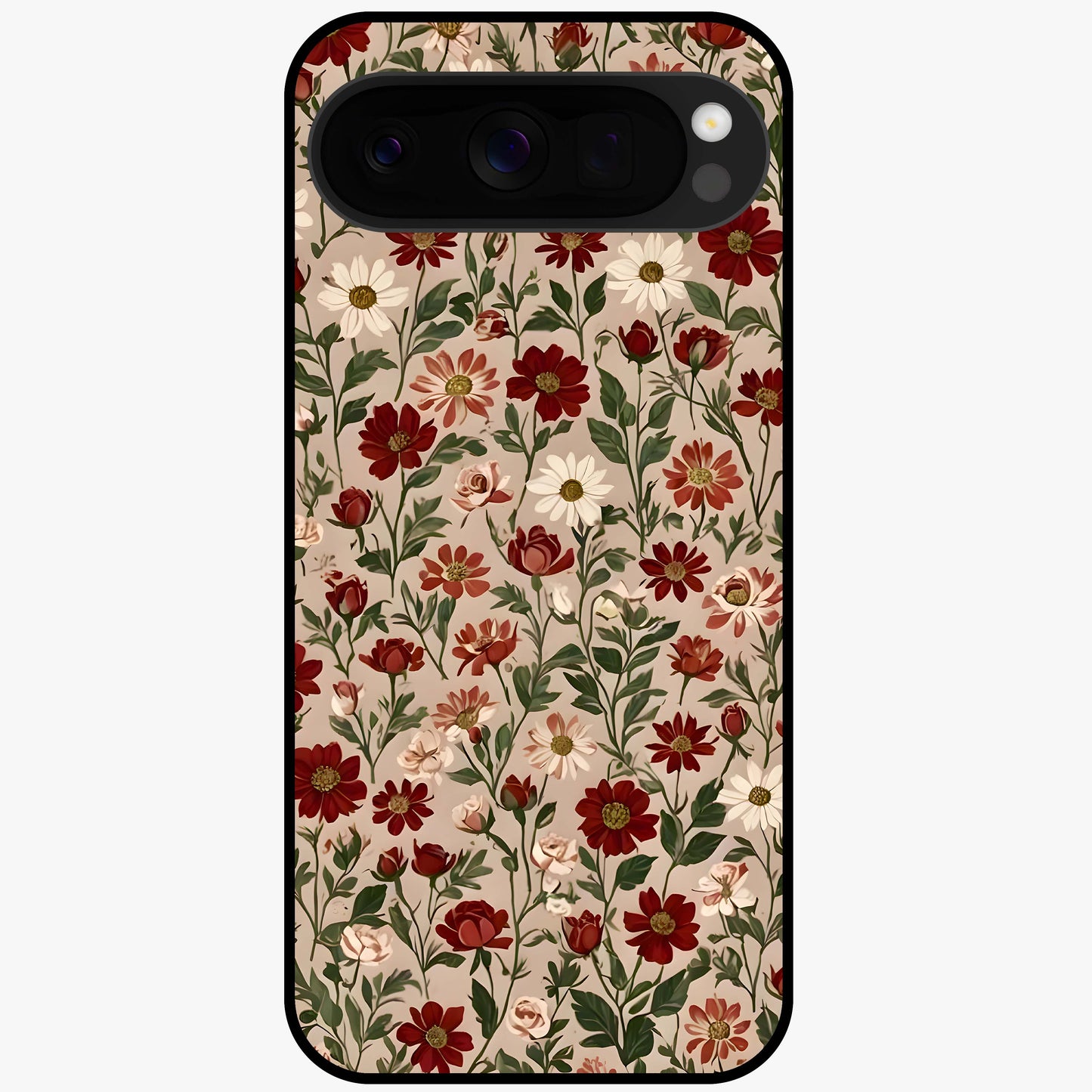 Biege Flower With Leaf Glass Case showing flat back view with soft beige floral artwork and glossy glass finish.