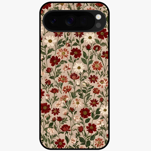 Biege Flower With Leaf Glass Case showing flat back view with soft beige floral artwork and glossy glass finish.
