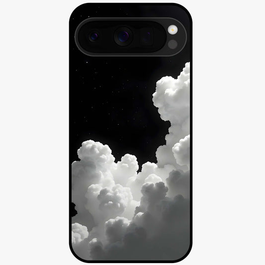 Black Background With White Cloud Glass Case showing flat back view with minimal cloud artwork on dark background and glossy glass finish.