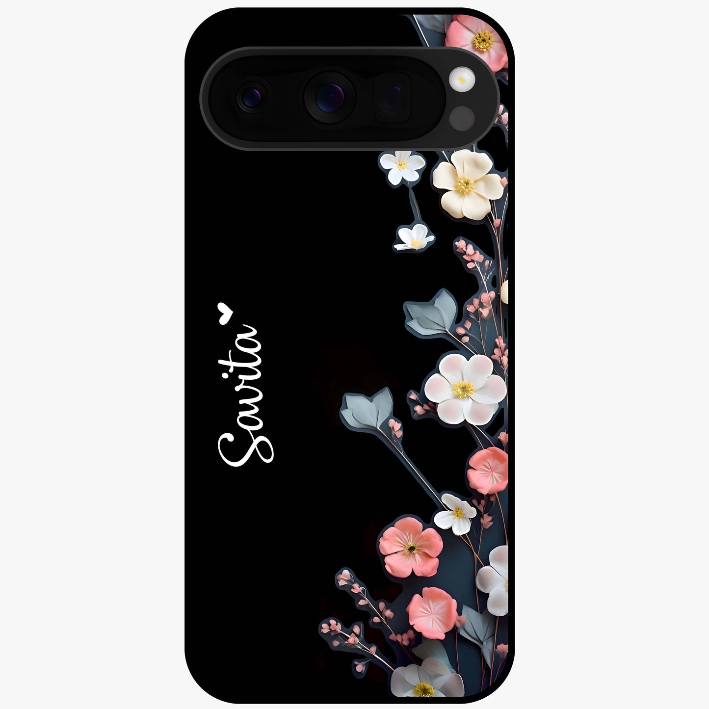 Black Elegance Floral Custom Name Glass Case showing flat back view with elegant floral artwork and personalized name design.
