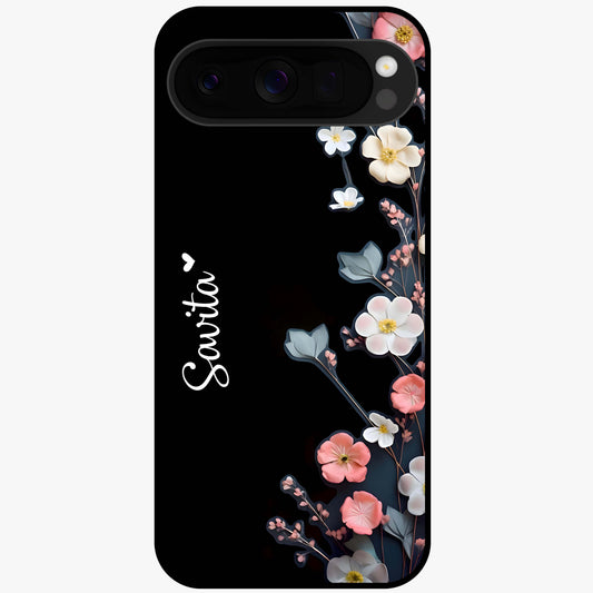 Black Elegance Floral Custom Name Glass Case showing flat back view with elegant floral artwork and personalized name design.