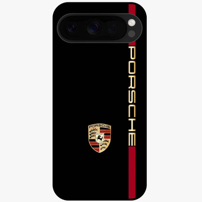 Black Minimal Porsche Glass Case showing flat back view with sleek minimal sports car artwork and glossy glass finish.