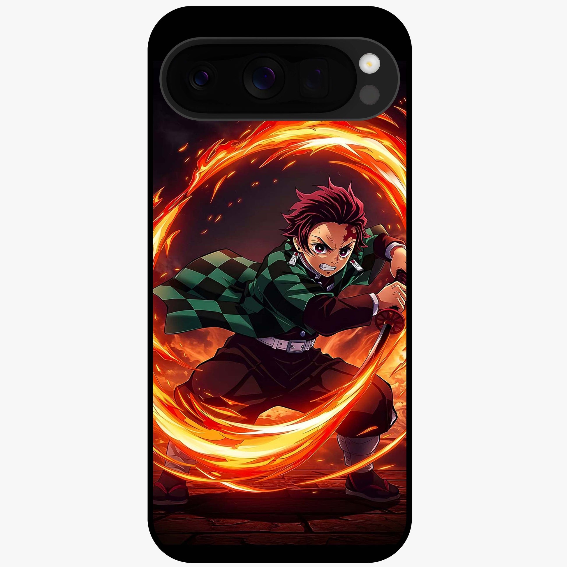 Blazing Sword Resolve Glass Case showing flat back view with fiery sword artwork and glossy glass finish.
