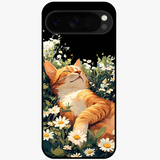 Blissful Bloom Cat Glass Case showing flat back view with cute cat and floral bloom artwork and glossy glass finish.