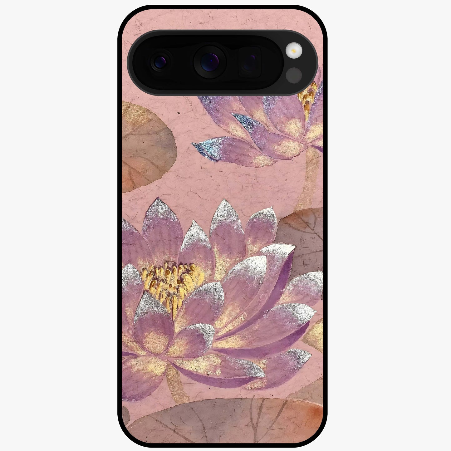 Blossom Mist Lotus Glass Case showing flat back view with serene lotus blossom artwork and glossy glass finish.