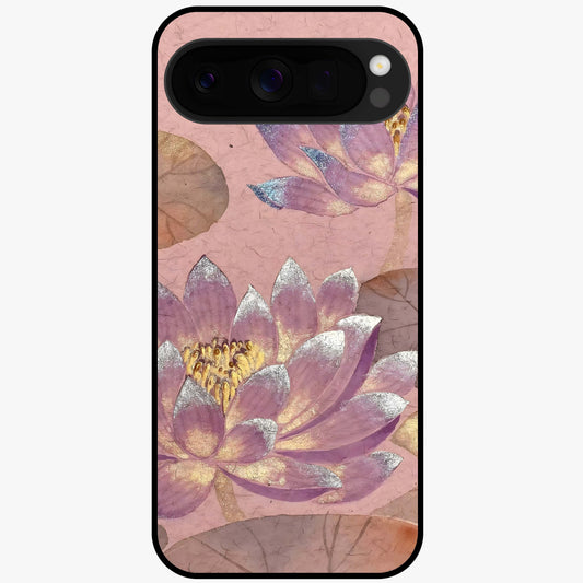 Blossom Mist Lotus Glass Case showing flat back view with serene lotus blossom artwork and glossy glass finish.