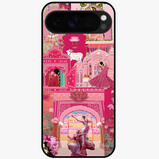 Blossoms of Rajasthan Glass Case showing flat back view with traditional floral artwork inspired by Rajasthan and glossy glass finish.