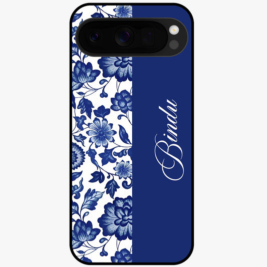 Blue Vintage Floral Pattern Glass Case upright view showcasing timeless floral illustration with vintage inspired style.