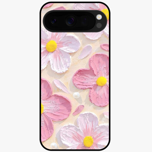 Blush Bloom Texture Glass Case showing flat back view with soft blush floral texture artwork and glossy glass finish.