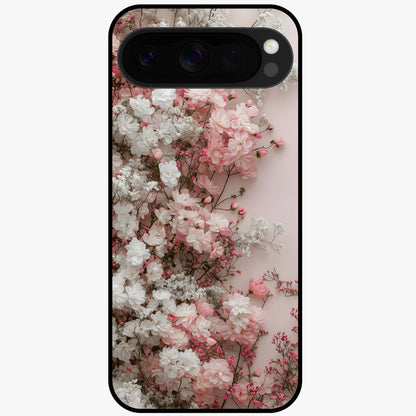 Blush Blossom Cloud Glass Case showing flat back view with dreamy blush cloud blossom artwork and glossy glass finish.