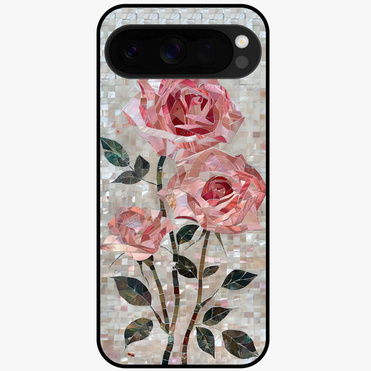 Blush Mosaic Bloom Glass Case showing flat back view with mosaic floral bloom artwork and glossy glass finish.