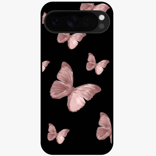 Butterfly Pattern Glass Case showing flat back view with elegant butterfly pattern artwork and glossy glass finish.