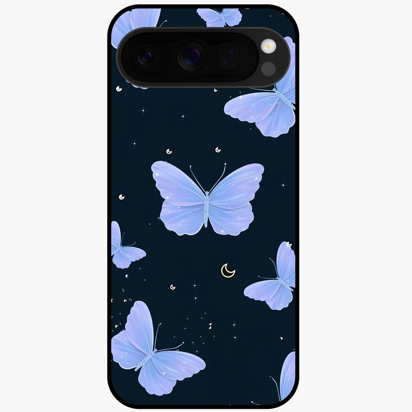 Butterfly With Stars Pattern Glass Case showing flat back view with butterfly and star pattern artwork and glossy glass finish.