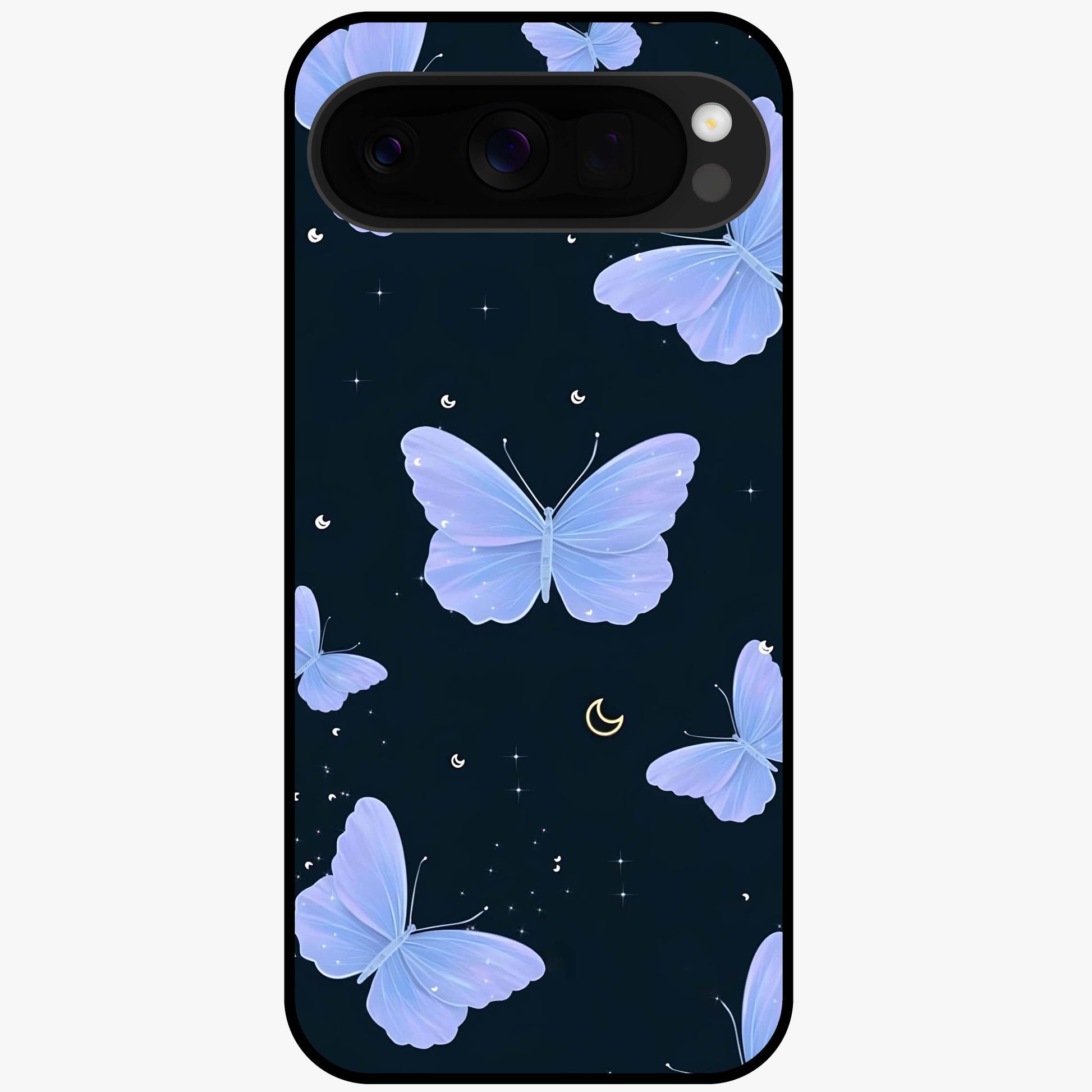 Butterfly With Stars Pattern Glass Case showing flat back view with butterfly and star pattern artwork and glossy glass finish.