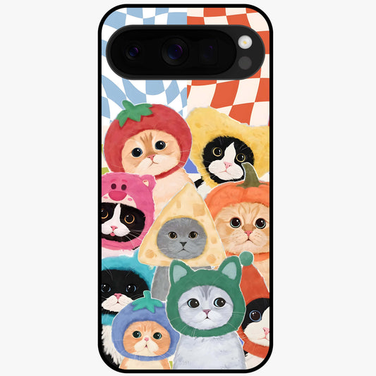 Cats in Fruits Glass Case showing flat back view with playful cat illustrations inside fruit artwork and glossy glass finish.