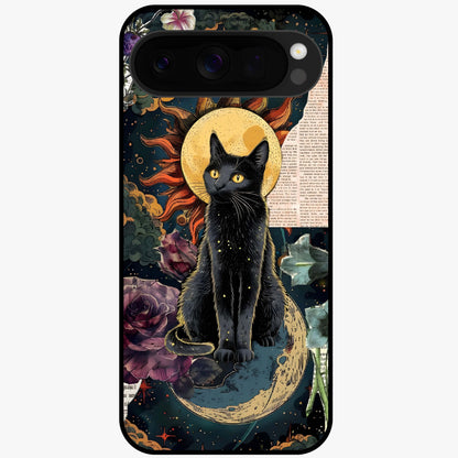 Celestial Black Cat Glass Case showing flat back view with mystical black cat artwork and glossy glass finish.