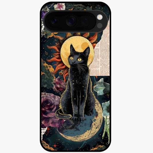 Celestial Black Cat Glass Case showing flat back view with mystical black cat artwork and glossy glass finish.